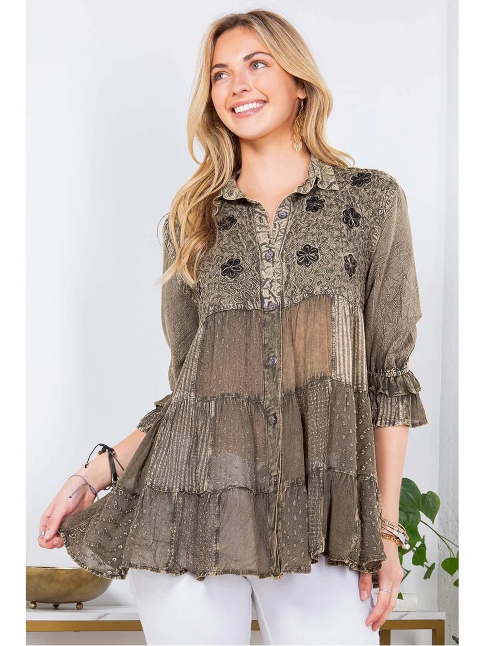 Young threads Tiered Button-Front Boho Blouse